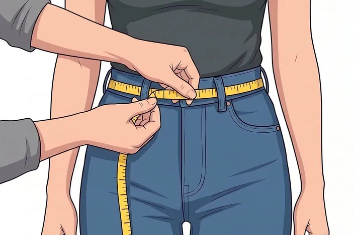 Den samme målingen på en jeans med høyt liv, med målebåndet flere centimeter lenger opp.